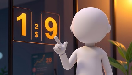 Smiling 3D figure pointing at a virtual follower count