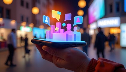 Mobile device in hand with holographic social updates emerging