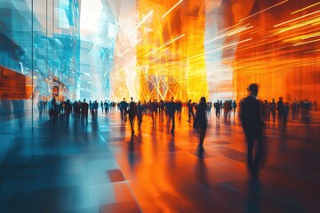 Blurry silhouettes of people in a vibrant, futuristic city space