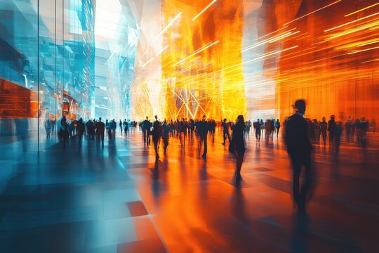 Blurry silhouettes of people in a vibrant, futuristic city space