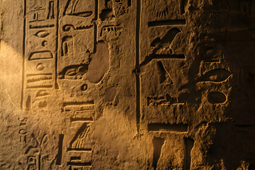Ancient egyptian hieroglyphs carved in stone with sunlight glare