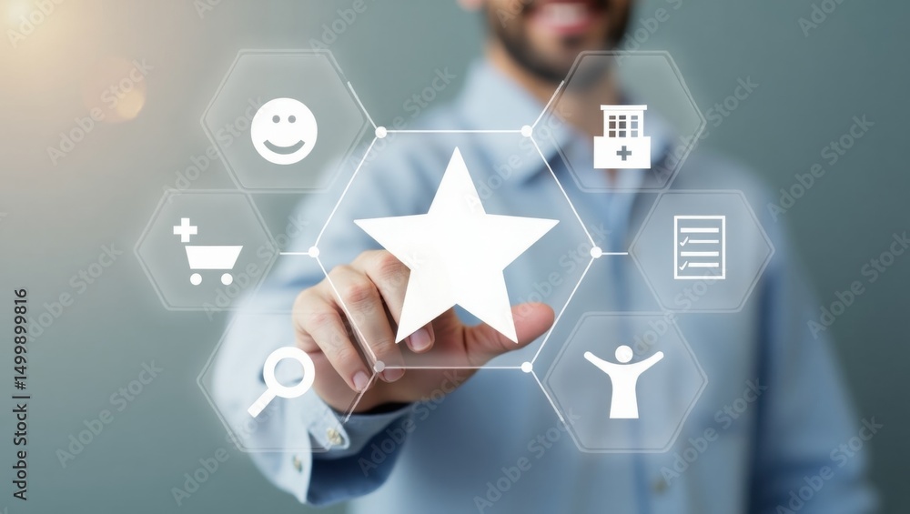 Poster a person interacts with a digital interface displaying various satisfaction icons.