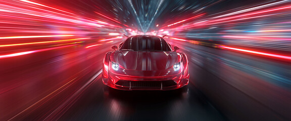 Sleek red sports car racing at high speed on neon highway. Power acceleration on a night track with colorful lights. Futuristic digital background. Concept of velocity and technology. 3d illustration