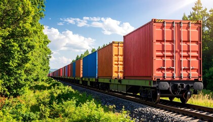 Fototapeta premium Train with cargo containers with outdoor scene.