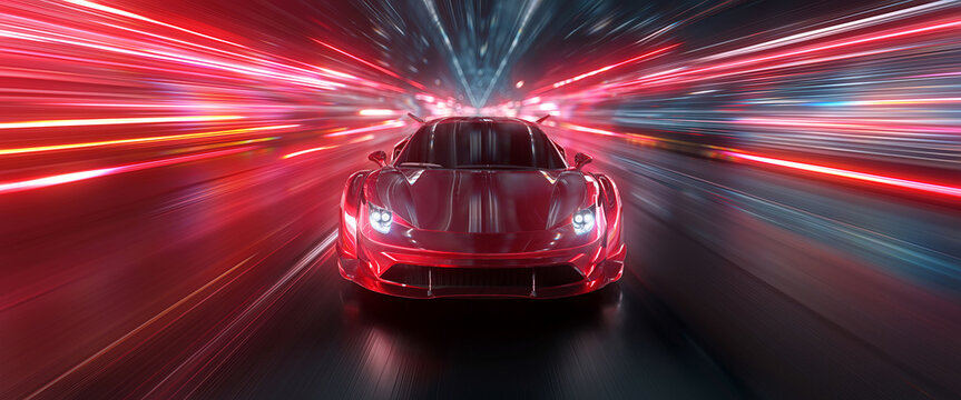 Sleek red sports car racing at high speed on neon highway. Power acceleration on a night track with colorful lights. Futuristic digital background. Concept of velocity and technology. 3d illustration
