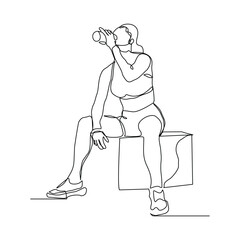 Continuous line of sporty woman drink energy water from bottle. single one line sketch drawing editable stroke of healthy life style. Vector illustration