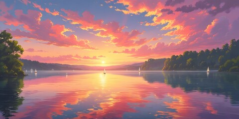 Obraz premium Serene Sunset Calm Lake with Sailboats and Vibrant Sky