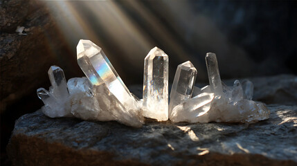 Sunlight Filtering Through Transparent Quartz Crystal Cluster on Rocky Surface Creating Luminous Ethereal Glow