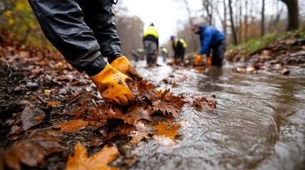 Obraz premium Workers are removing leaves from a shallow stream during an outdoor cleanup effort.