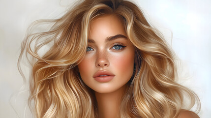 Fototapeta premium A beautiful woman with blonde wavy hair and blue eyes, showcasing natural beauty.