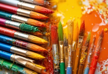 Fototapeta premium Closeup of Colorful Paintbrushes With Paint.
