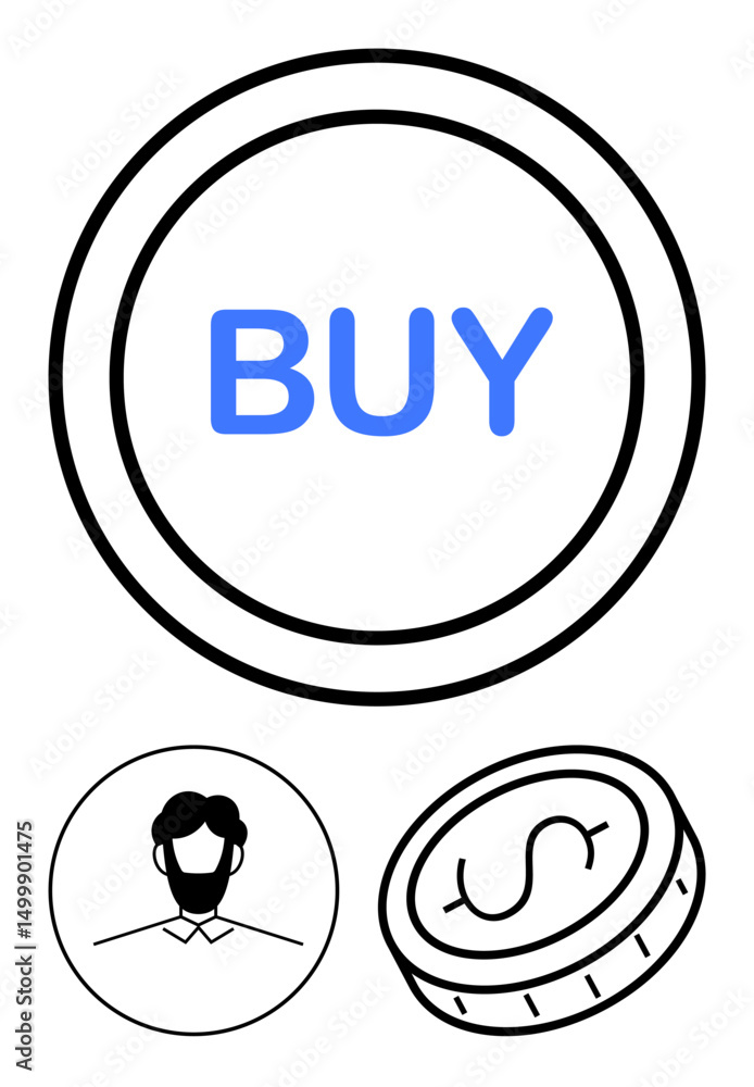 Poster buy button surrounded by a minimal user profile icon and dollar coin. ideal for e-commerce, online s
