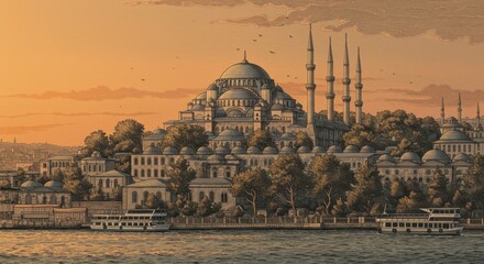 Sunset Line Drawing of Topkapi Palace Overlooking Golden Horn