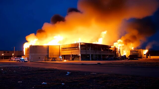 Wide shot of a large commercial building fully engulfed in a raging inferno at dusk, with emergency vehicles responding to the urban disaster scene