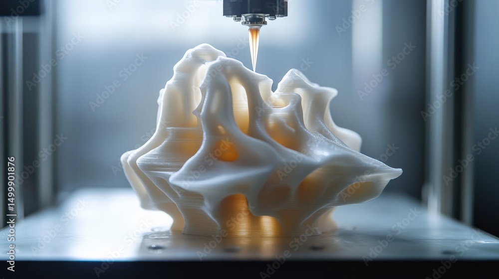 Poster close-up view of a 3d printer extruding a complex object.
