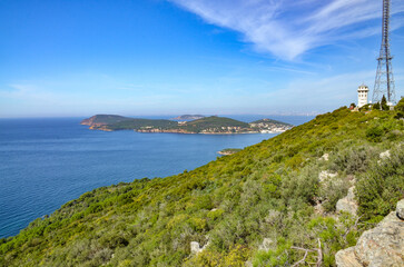 Burgazada island and Marmara sea scenic view from Yücetepe hill on Buyukada island (Adalar, Turkiye)