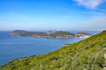 Burgazada island and Marmara sea scenic view from Yücetepe hill on Buyukada island (Adalar, Turkiye)