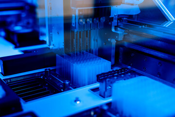 Close-up of a biochemical analyzer in a modern laboratory. Concept advanced technology and automation in medical diagnostics.