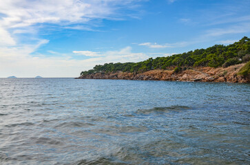 Marmara sea and Dilburnu point scenic view from Yorukali beach on Buyukada island (Adalar, Turkiye)