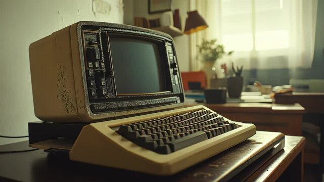 vintage computer display and keyboard on wooden desk in retro office setting, old technology