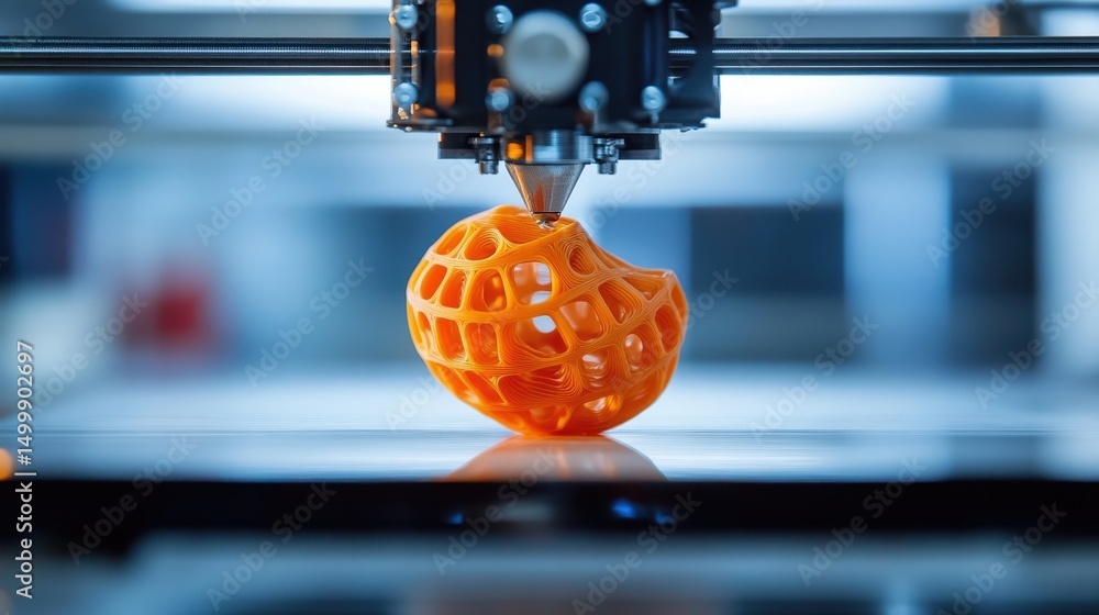 Poster close-up view of a 3d printed orange object.