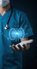Kidney Health: Doctor Holding Hologram of Healthy Kidneys, Promoting Renal Care & Urological Wellness with Innovative Technology