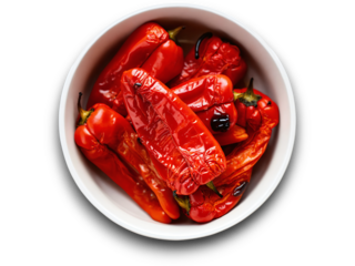 Grilled roasted red peppers in a white bowl, ready for cooking or snacking on the kitchen countertop
