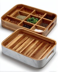 Ceramic dishes arranged on bamboo platter high resolution picture