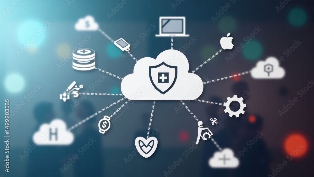 Poster cloud security network graphic with various connected icons.