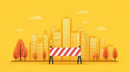 Naklejka premium Barricade tape in motion across urban layout, isolated on solid yellow background, illustrating closure notice and signal alert : Urban Safety & Traffic 