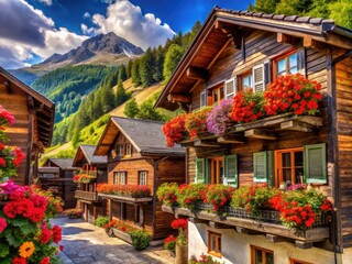 Obraz premium Grimentz Switzerland Alpine Village Wooden Houses Geranium Flowers Photography