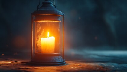 Lantern on a wooden table with bokeh background.
