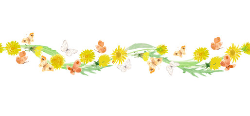 watercolor seamless border with Dandelion flowers with leaves. vector watercolour painting of taraxacum blooms and butterflies
