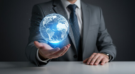Global Business Reach: Man Holding Digital World in Hand - Innovation, Technology & Connection. Future is now!