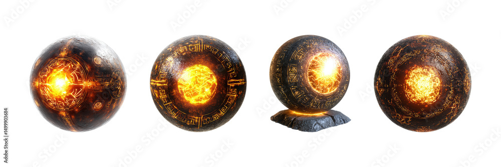 Poster glowing mystical orbs with ancient symbols set. fantasy and sci-fi elements collection isolated on t