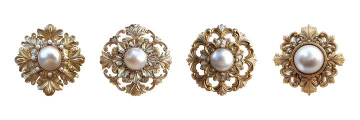 Ornate Gold And Pearl Brooch Set. Vintage Jewelry Design Collection Isolated On Transparent Background