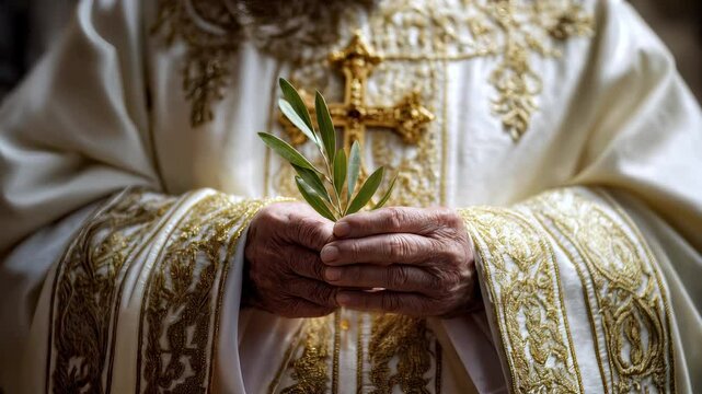 Pope in Vatican ornate robes holds cross and olive branch, symbolizing faith and peace as peacemaker. Gesture captures deeply spiritual and ceremonial pope moment in Vatican with olive branch