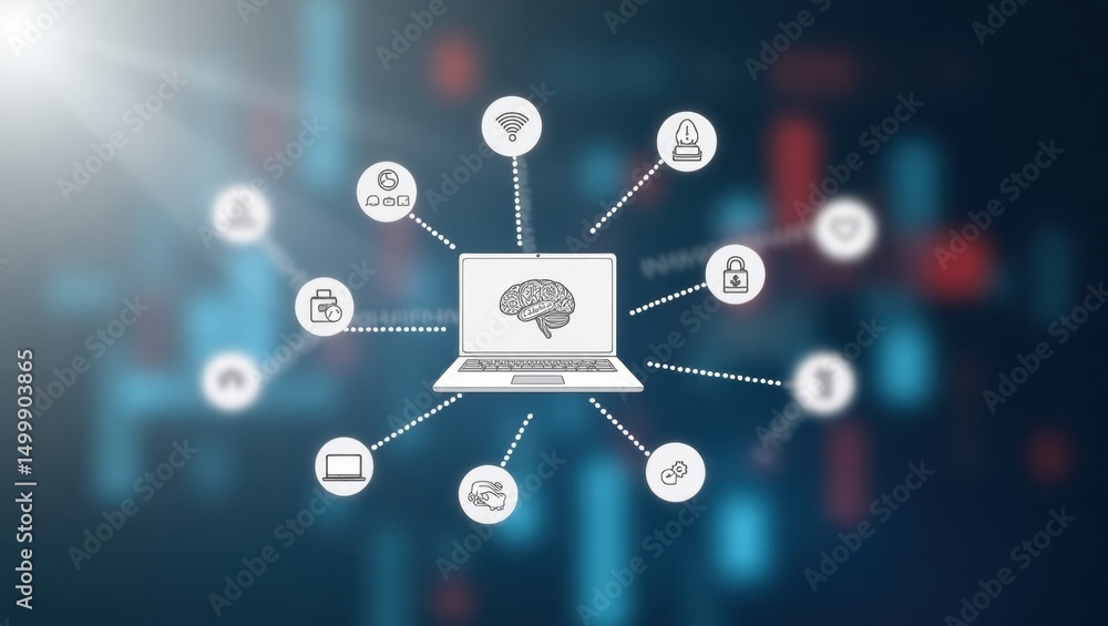 Poster laptop screen displaying a network of connected icons.