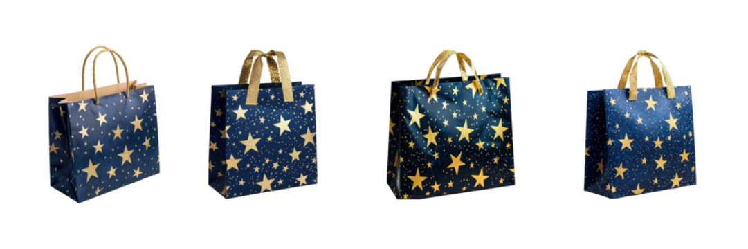 Starry Night Gift Bags Set. Festive Packaging And Celebration Collection Isolated On Transparent Background