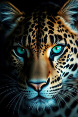 Obraz premium Stunning Leopard Close-Up with Intense Green Eyes in Dramatic Lighting