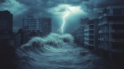 City buldings and giant tide wave ravaging coast town in a hurricane storm.