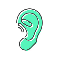 Human ear, aqua green, line art style, for medical infographics