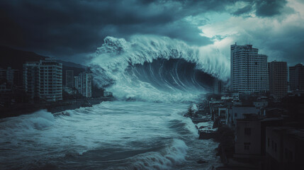 City buldings and giant tide wave ravaging coast town in a hurricane storm.