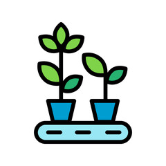 Icon of a plant seedling in a pot on a conveyor belt, representing modern agricultural production, automation, agritech industry, smart farming, and sustainable food technology.