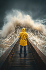 A person standing in front of giant sea tide wave. Water splashes. Dangerous. In a hurricane storm.