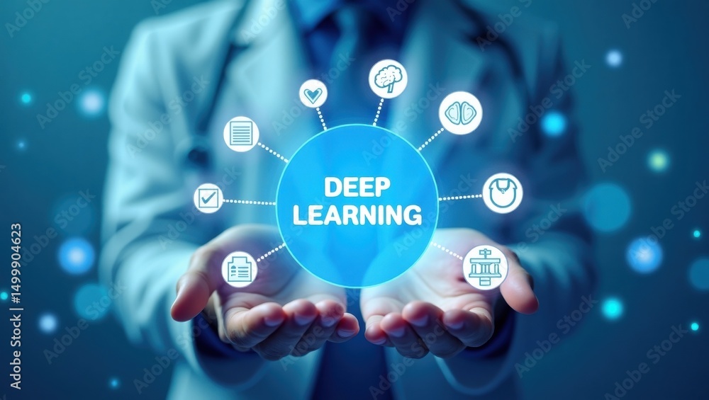 Poster hands holding a deep learning interface.