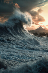 City buldings and giant tide wave ravaging coast town in a hurricane storm.