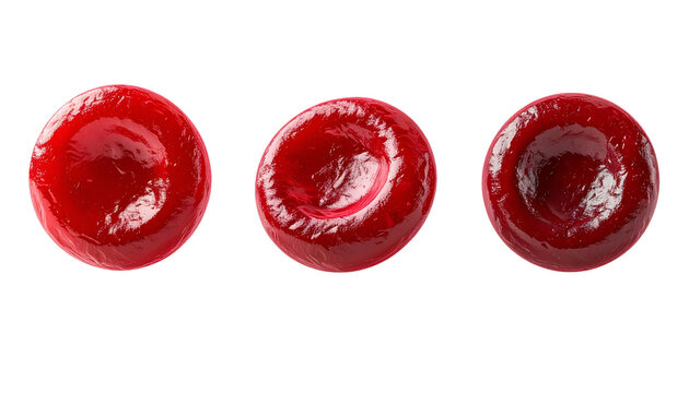 realistic 3d rendering of red blood cells in various perspectives with glossy biconcave disc structure, biological and medical illustration on isolated background
