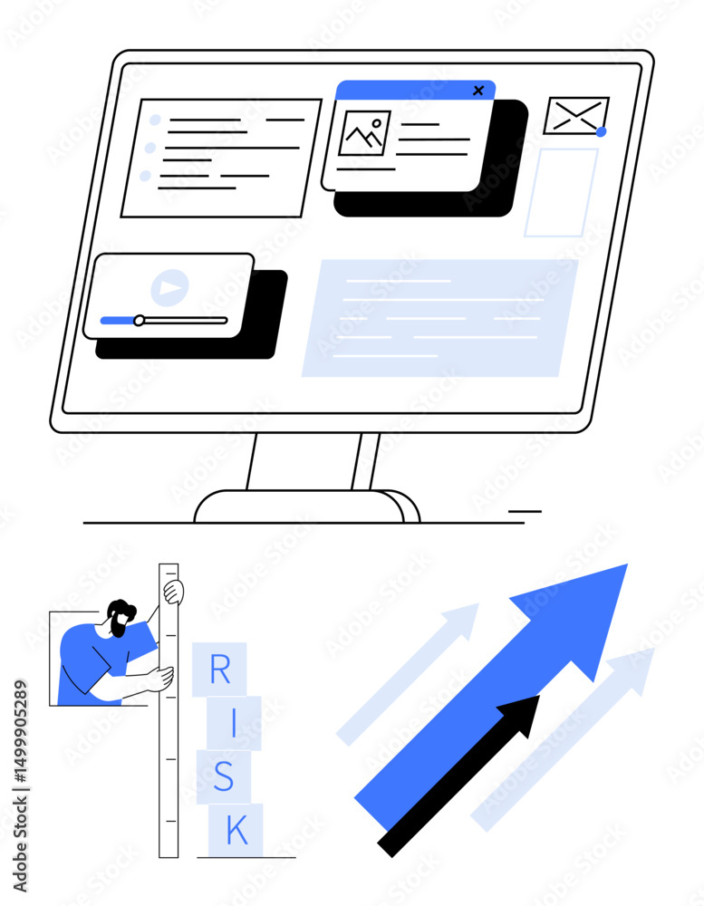 Poster computer screen showcasing data visualization, messages, and tasks. man managing risk levels and upw