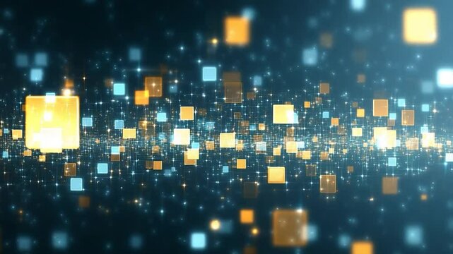 Abstract Digital Space: Glowing Blue and Gold Squares in Motion